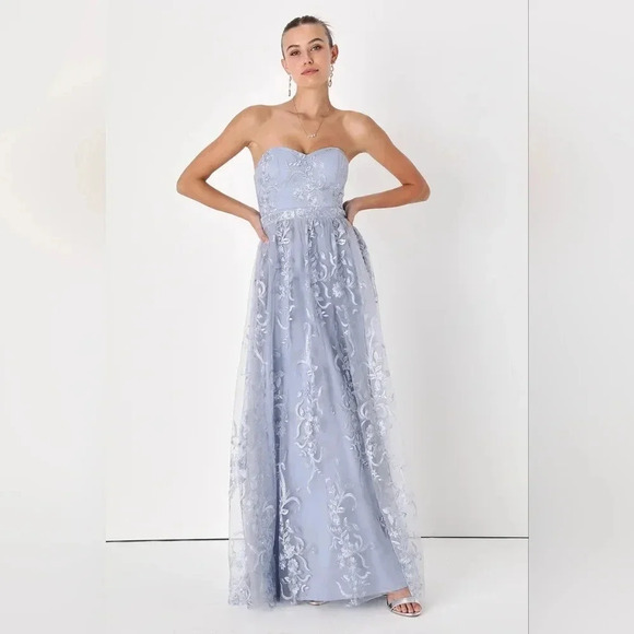 Lulu's Andria Slate Blue Embroidered Strapless Maxi Dress Wedding Party Guest - Picture 2 of 10